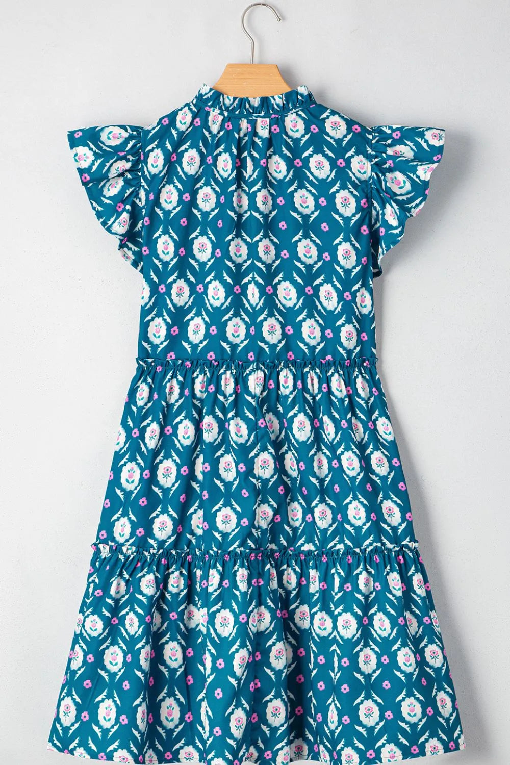 Printed Tie Neck Ruffled Cap Sleeve Dress-Nordavory