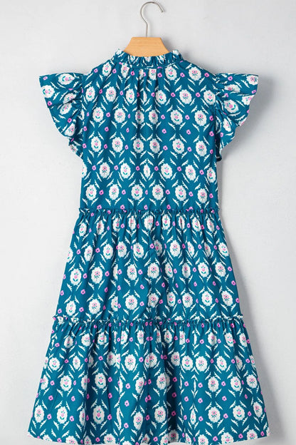 Printed Tie Neck Ruffled Cap Sleeve Dress-Nordavory