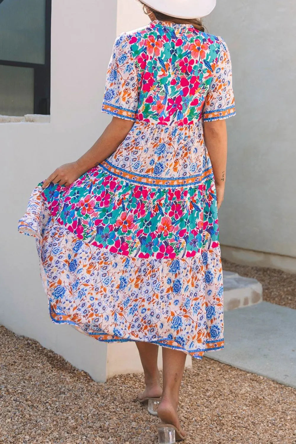 Mixed Floral Print Tie Neck Short Sleeve Dress-Nordavory