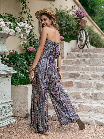 Tied Printed Tube Wide Leg Jumpsuit-Nordavory