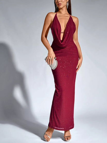 Halter Neck Glitter Bodycon Maxi Dress-Nordavory