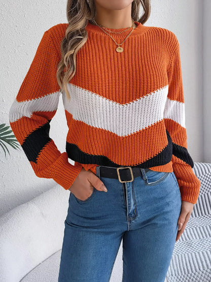 Chevron Stripe Color Block Round Neck Sweater-Nordavory