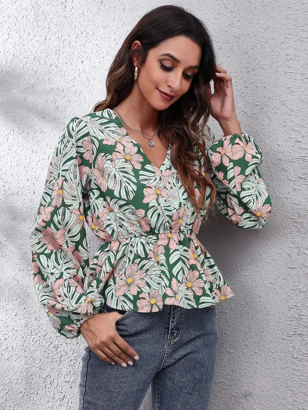 Floral V-Neck Balloon Sleeve Peplum Blouse-Nordavory