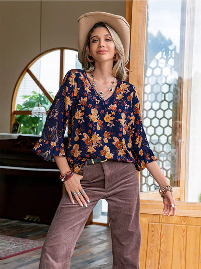 Floral V-Neck Crochet Blouse-Nordavory