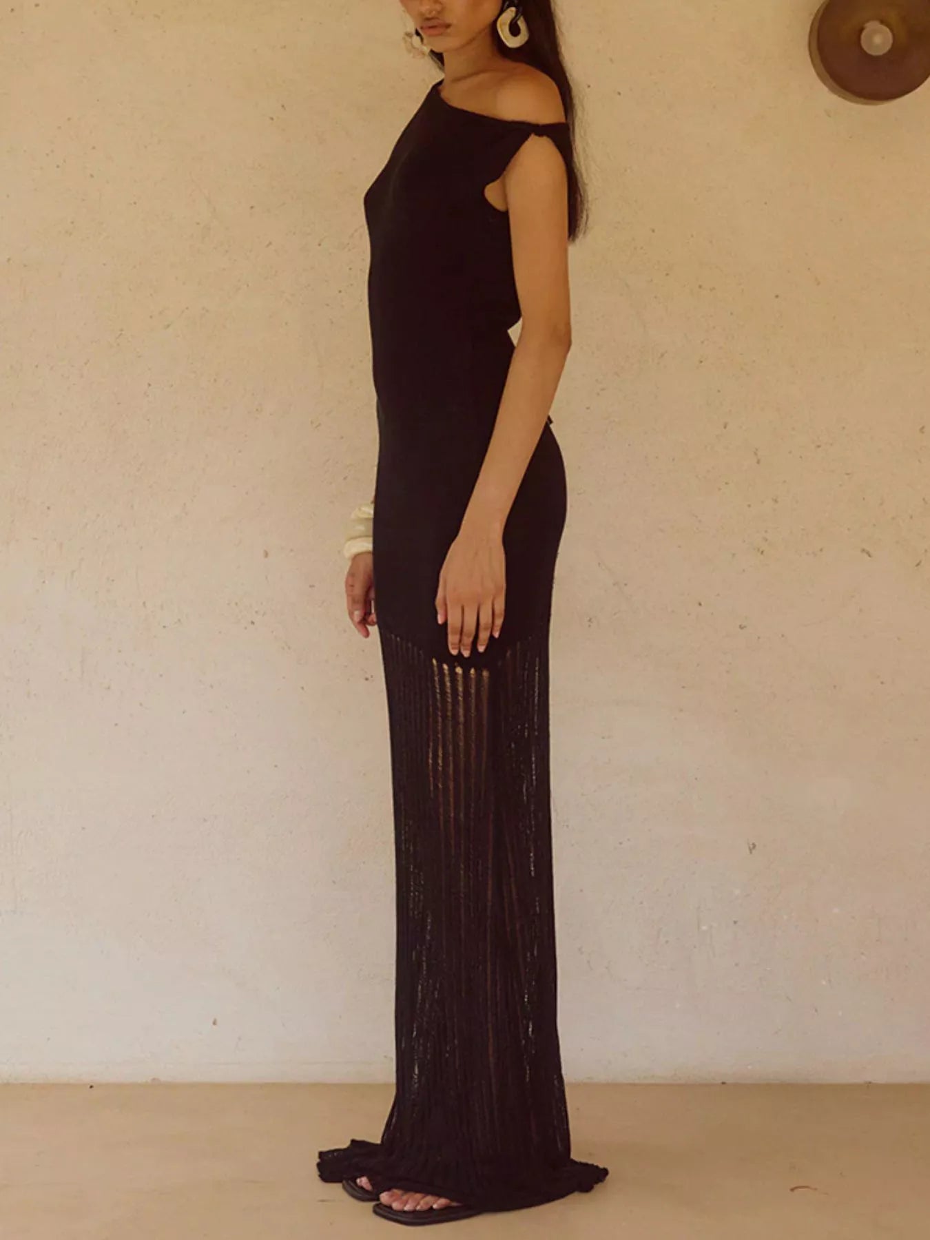 One-Shoulder Fringe Maxi Dress-Nordavory