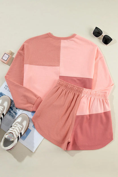 Color Block Round Neck Top and Shorts Set-Nordavory