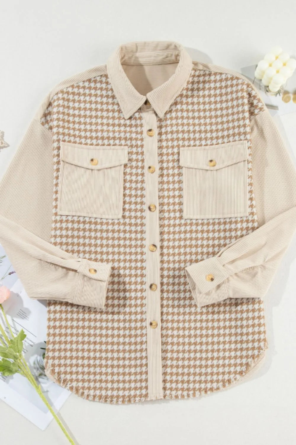 Houndstooth Button Up Long Sleeve Jacket-Nordavory
