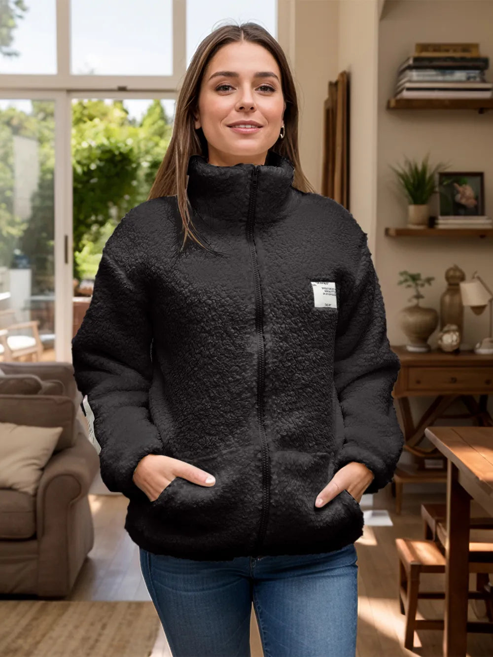 Full Size Turtleneck Zip Up Long Sleeve Sherpa Jacket-Nordavory