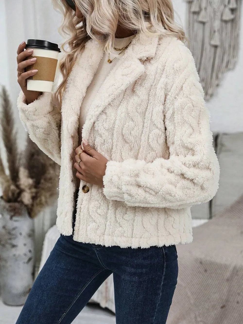 Fuzzy Button Up Collared Neck Jacket-Nordavory