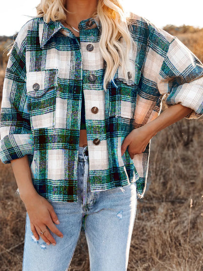 Pocketed Plaid Button Down Long Sleeve Shacket-Nordavory