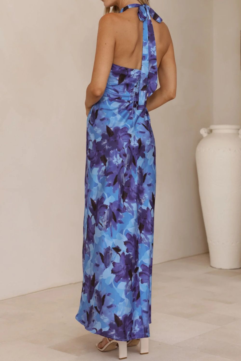 Floral Print Halter Neck Maxi Dress-Nordavory
