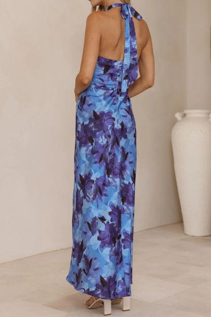 Floral Print Halter Neck Maxi Dress-Nordavory