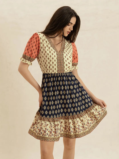 Printed V-Neck Short Sleeve Dress-Nordavory