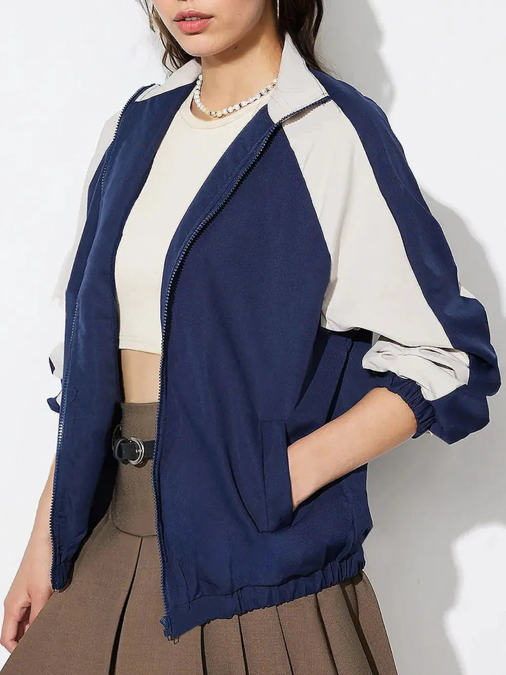 Contrast Zip Up Collared Neck Long Sleeve Jacket-Nordavory