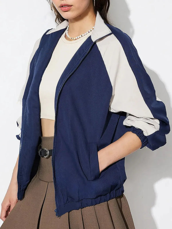 Contrast Zip Up Collared Neck Long Sleeve Jacket-Nordavory