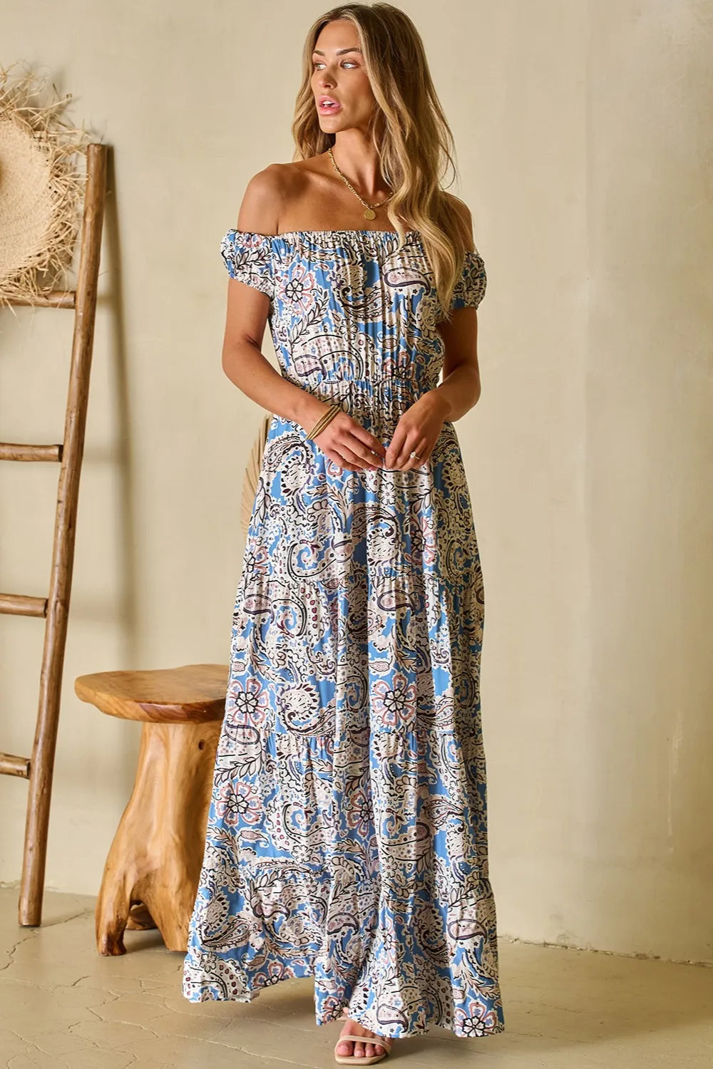 Printed Off-Shouder Short Sleeve Dress-Nordavory