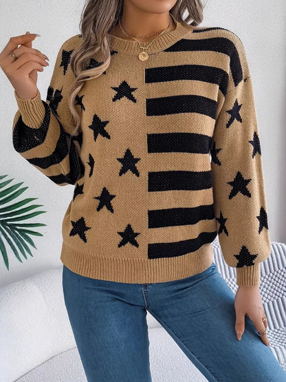 Stars and Stripes Pattern Casual Round Neck Sweater-Nordavory