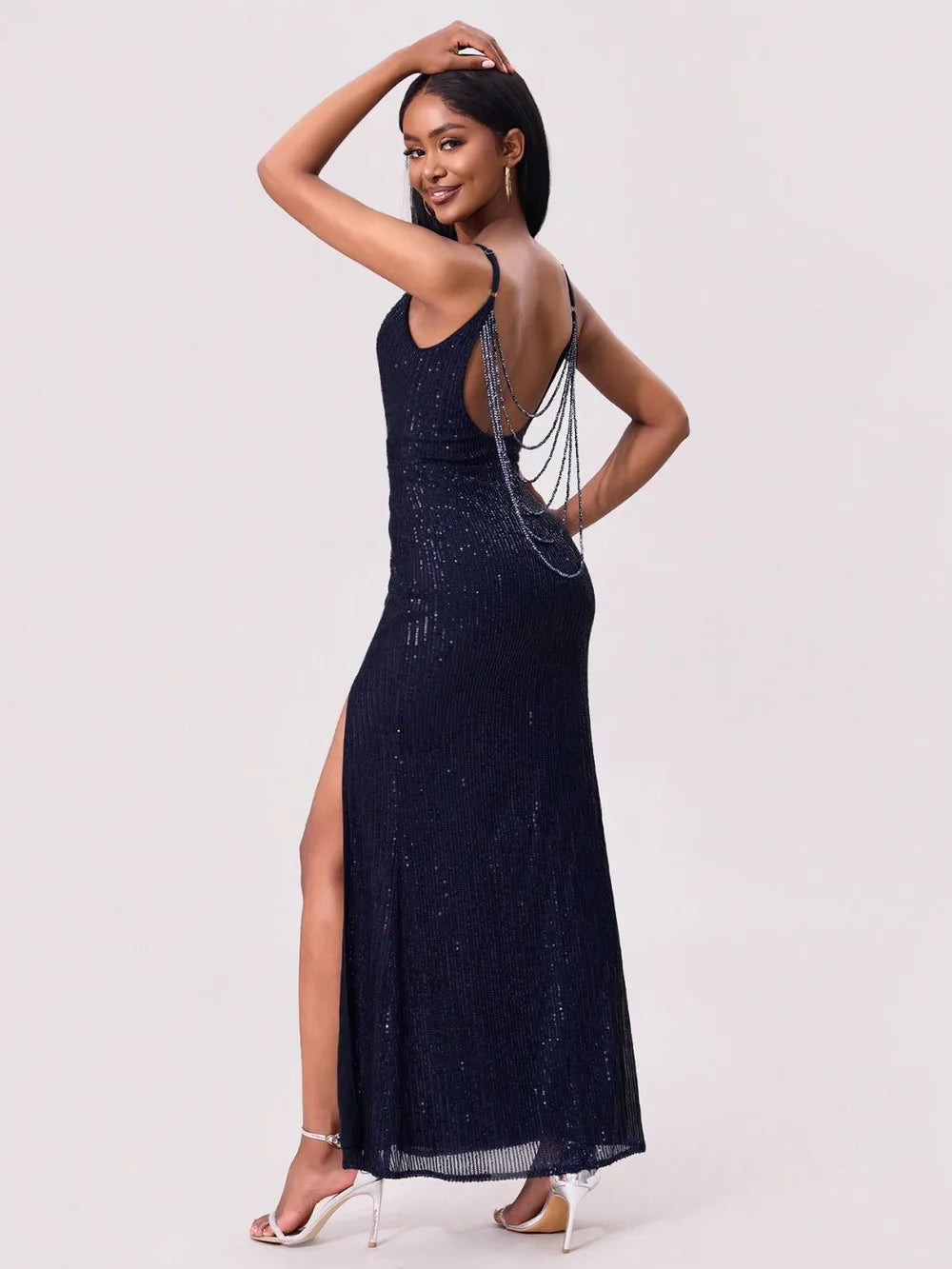 Split Sequin Backless Maxi Cami Dress-Nordavory
