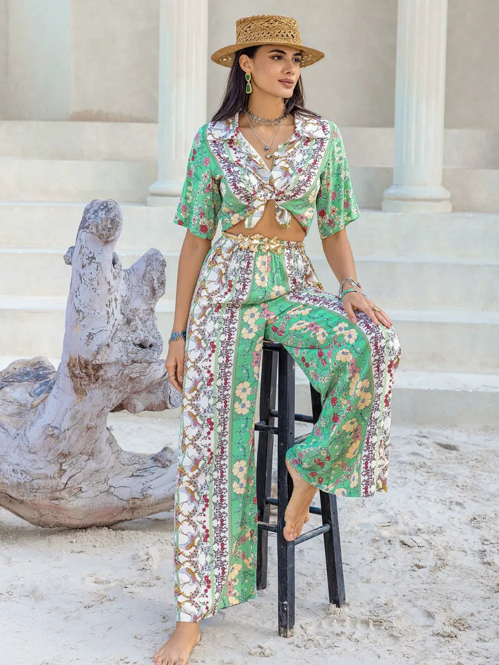 Printed Half Sleeve Top and Wide Leg Pants Set-Nordavory