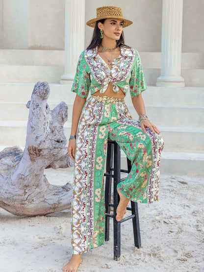 Printed Half Sleeve Top and Wide Leg Pants Set-Nordavory