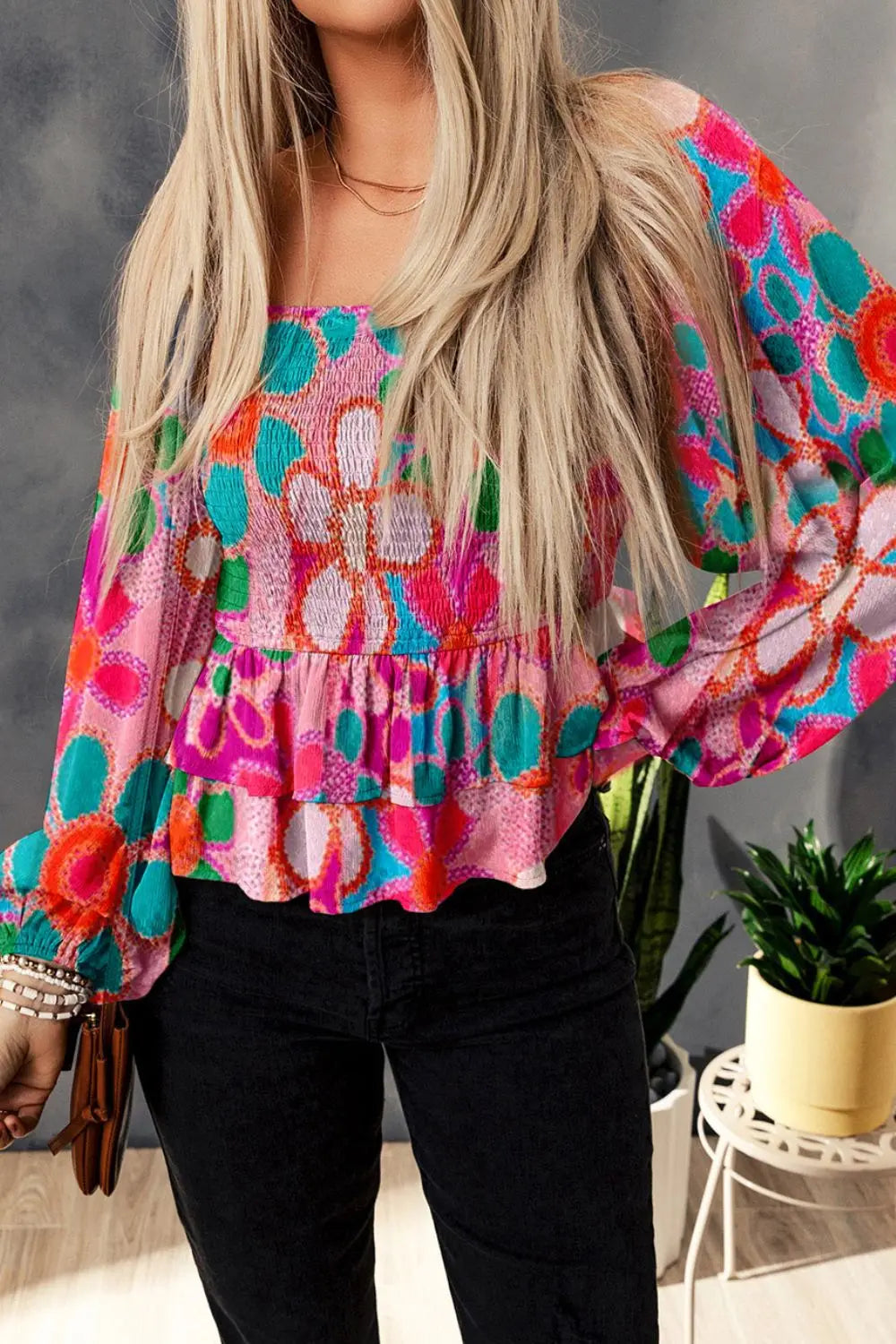 Floral Smocked Ruffled Balloon Sleeve Blouse-Nordavory