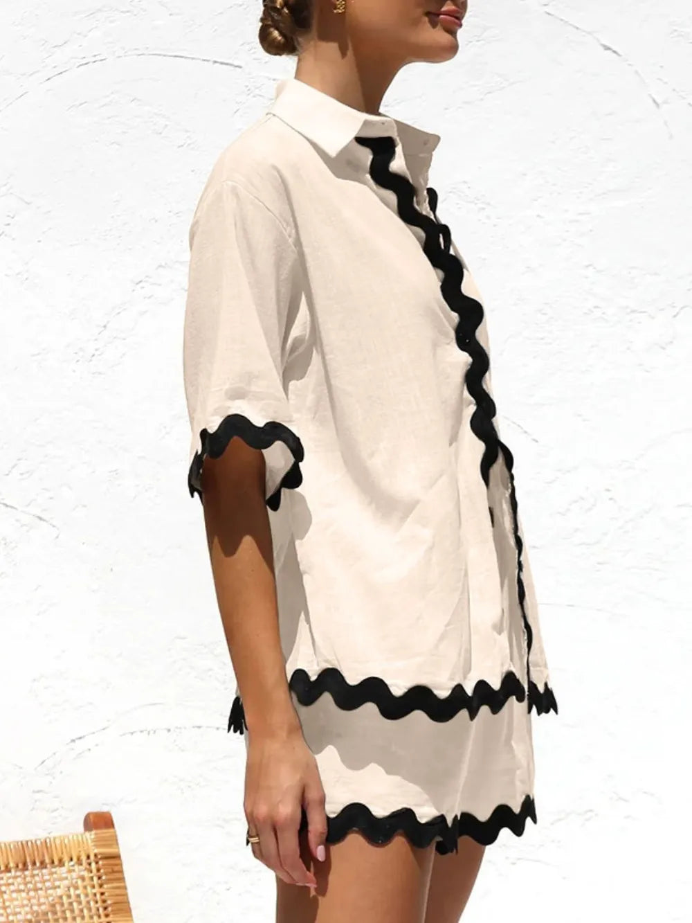Contrast Trim Half Sleeve Top and Shorts Set-Nordavory