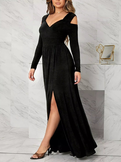 Elegant Cold Shoulder Slit Maxi Dress-Nordavory