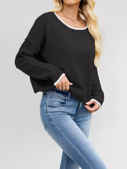Round Neck Dropped Shoulder Sweater-Nordavory