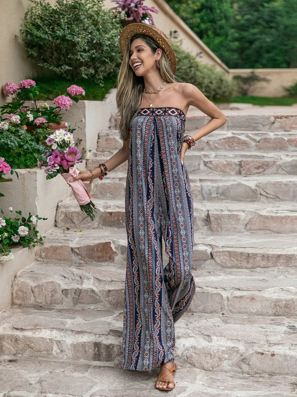 Tied Printed Tube Wide Leg Jumpsuit-Nordavory