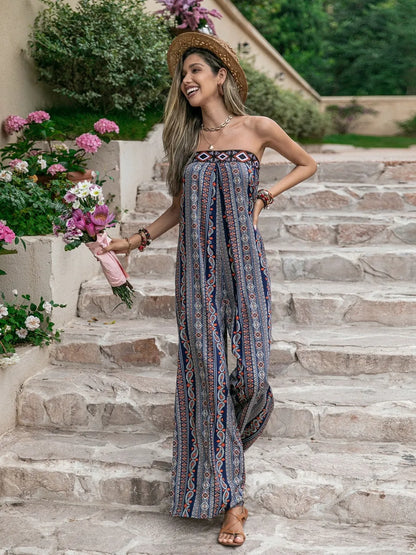 Tied Printed Tube Wide Leg Jumpsuit-Nordavory