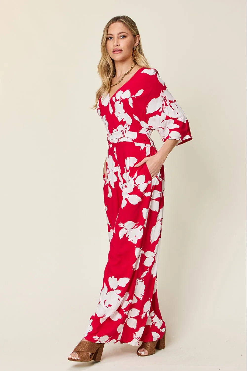 Double Take Full Size Printed Tie Back Wide Leg Jumpsuit-Nordavory