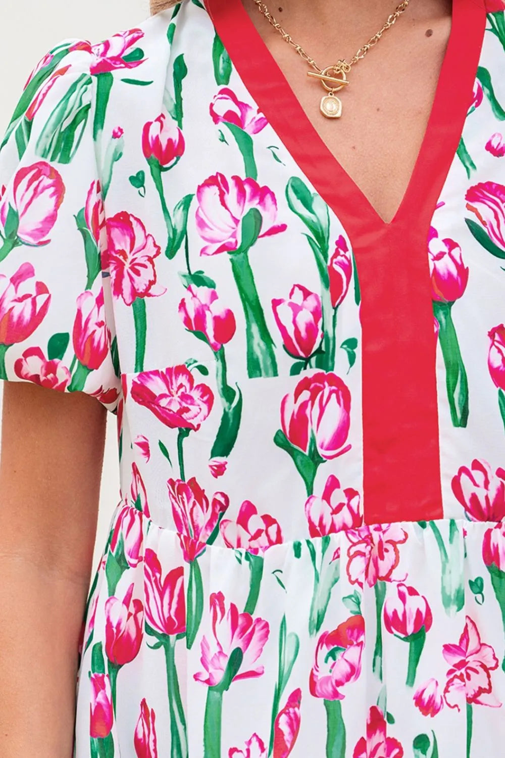 Floral Print Contrast Trim V Neck Bubble Short Sleeve Babydoll Dress-Nordavory