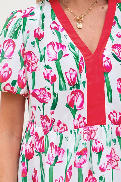 Floral Print Contrast Trim V Neck Bubble Short Sleeve Babydoll Dress-Nordavory