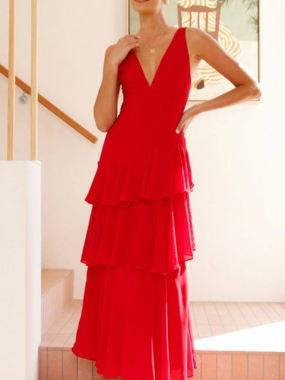 Sleeveless Ruffled Layered Backless Maxi Dress-Nordavory