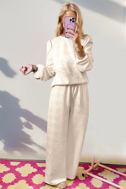 Double Take Texture Long Sleeve Top and Wide Leg Pants Set-Nordavory