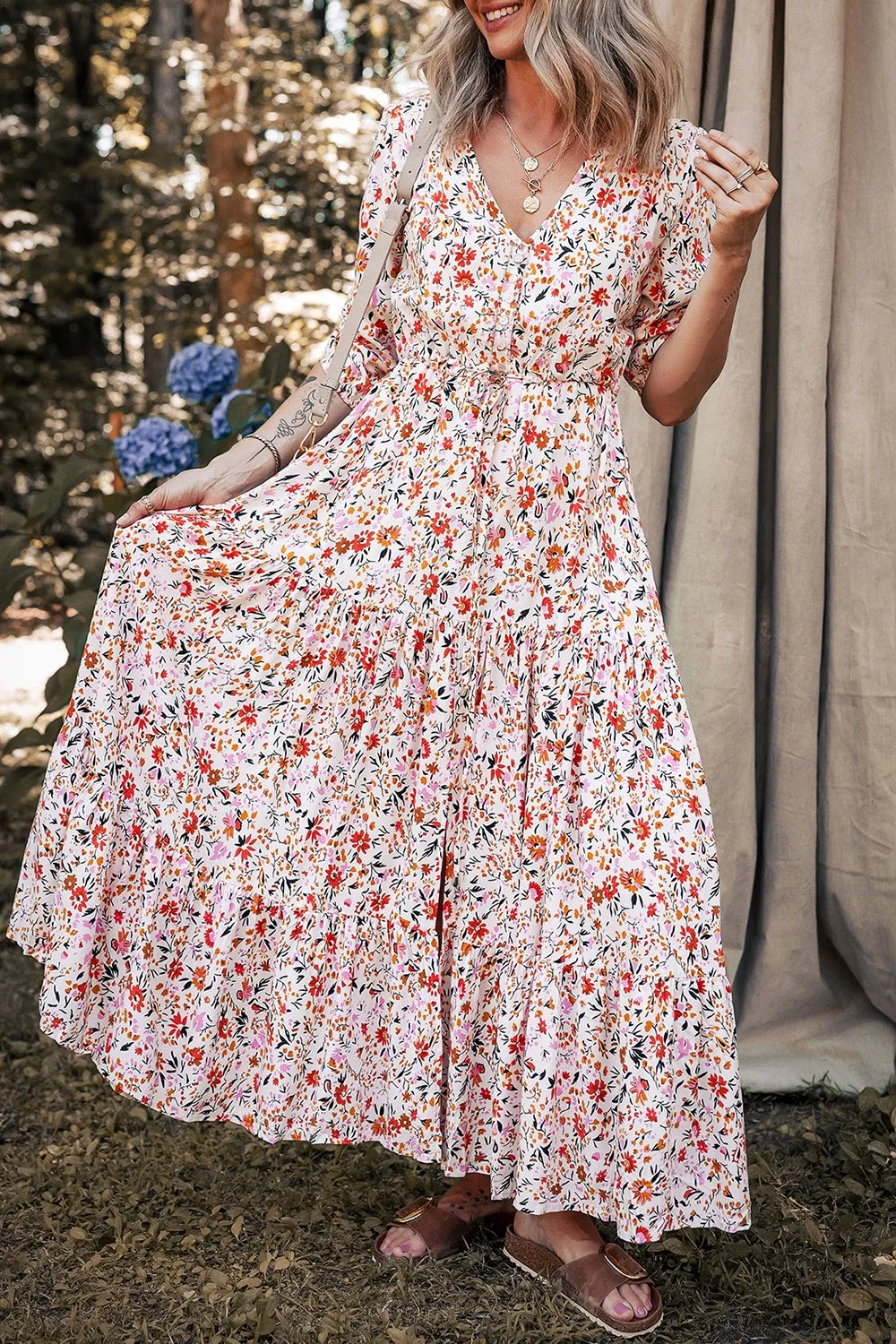 Boho Half Sleeve Floral V Neck Maxi Dress-Nordavory