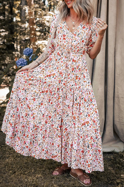 Boho Half Sleeve Floral V Neck Maxi Dress-Nordavory