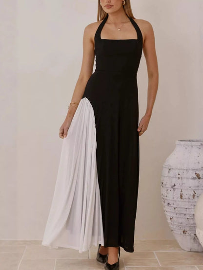 Contrast Halter Neck Maxi Dress-Nordavory