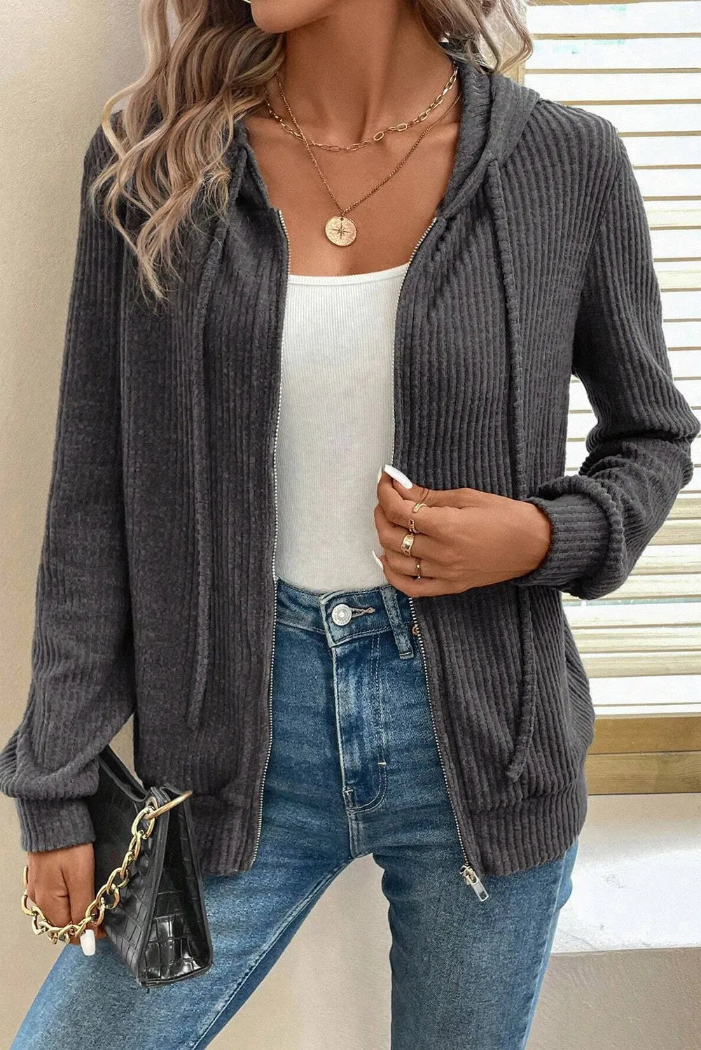 Drawstring Zip Up Long Sleeve Hooded Jacket-Nordavory