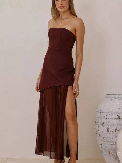 High Slit Mesh Tube Maxi Dress-Nordavory