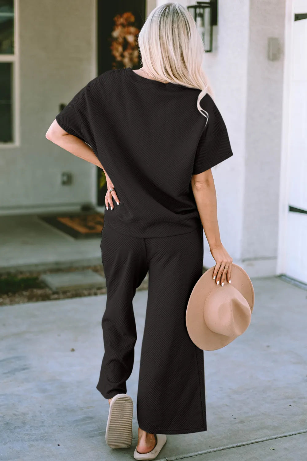 Double Take Full Size Texture Short Sleeve Top and Pants Set-Nordavory