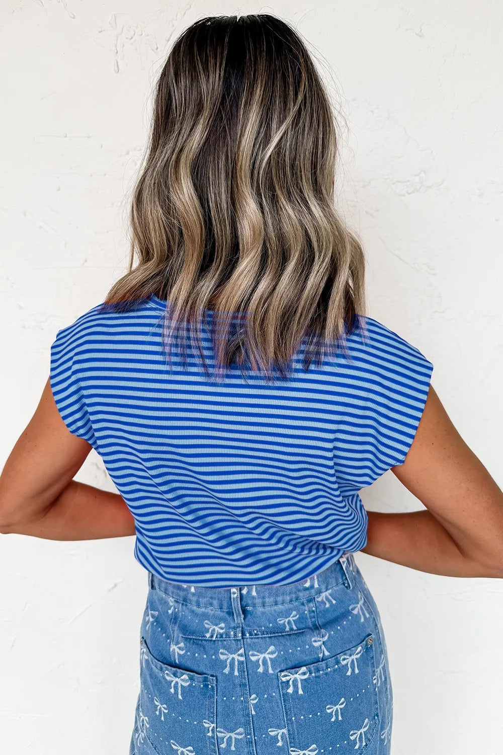 Striped Round Neck Cap Sleeve T-Shirt-Nordavory