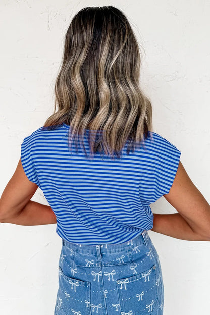 Striped Round Neck Cap Sleeve T-Shirt-Nordavory