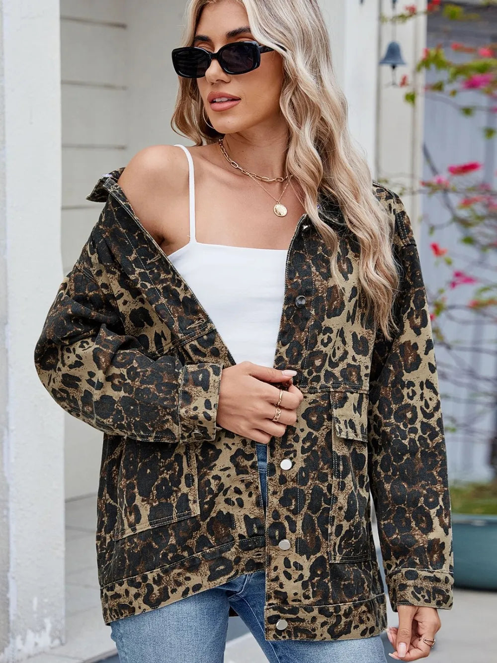 Leopard Button Up Drop Shoulder Denim Jacket-Nordavory