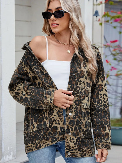 Leopard Button Up Drop Shoulder Denim Jacket-Nordavory