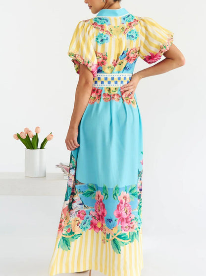 Printed Button Front Puff Sleeve Maxi Dress-Nordavory