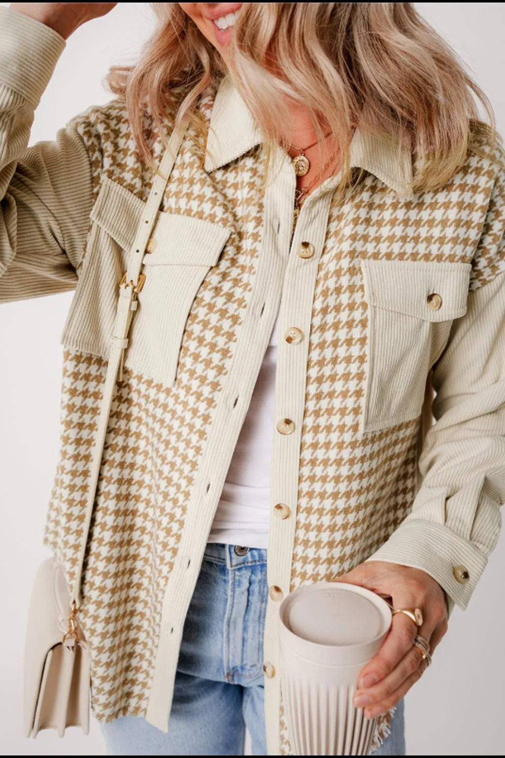 Houndstooth Button Up Long Sleeve Jacket-Nordavory