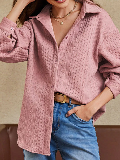 Cable Texture Puff Sleeve Loose Shacket-Nordavory