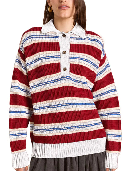 Striped Button Detail Polo Collar Sweater-Nordavory