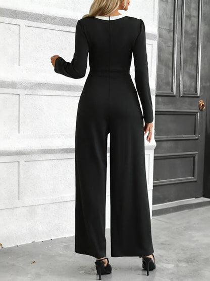 Button-Decor Long Sleeve Wide Leg Jumpsuit-Nordavory